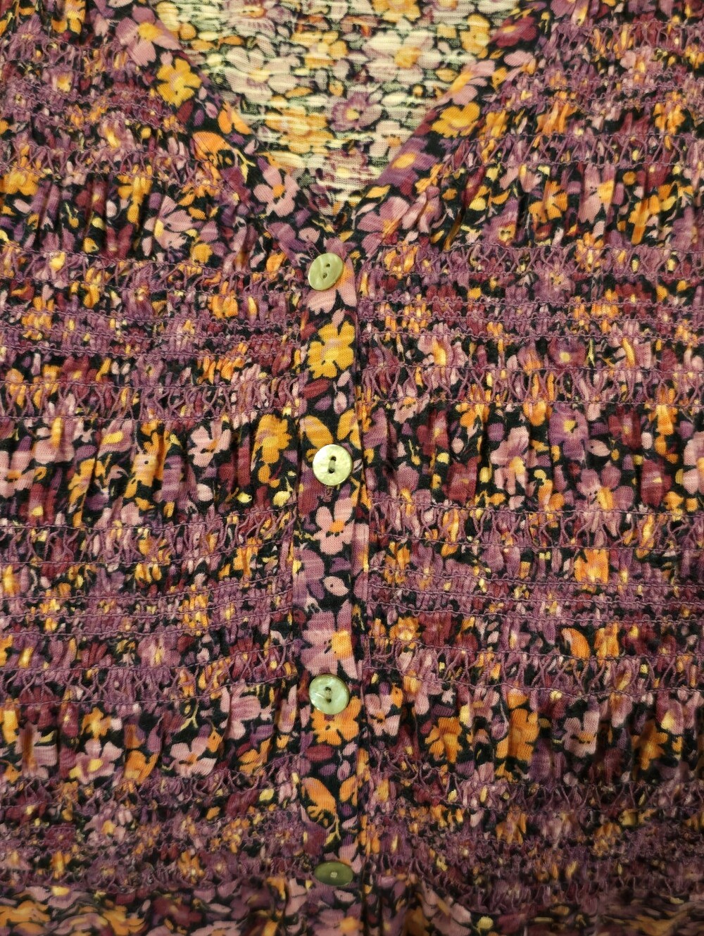 JJILL...Purple Smocked Front V-neck Floral Button-Front Tunic - Picture 10 of 11